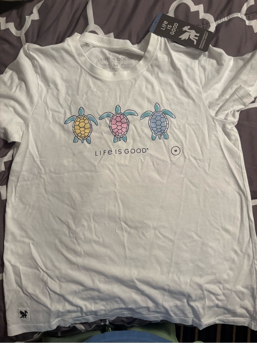 Life Is Good White Tee with Yellow, Pink & Blue Turtles